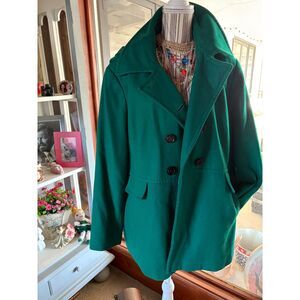 Vntg Apostrophe Kelly GreenWool Plus Size 26-28 Pea Coat w/ Removable Lined Hood